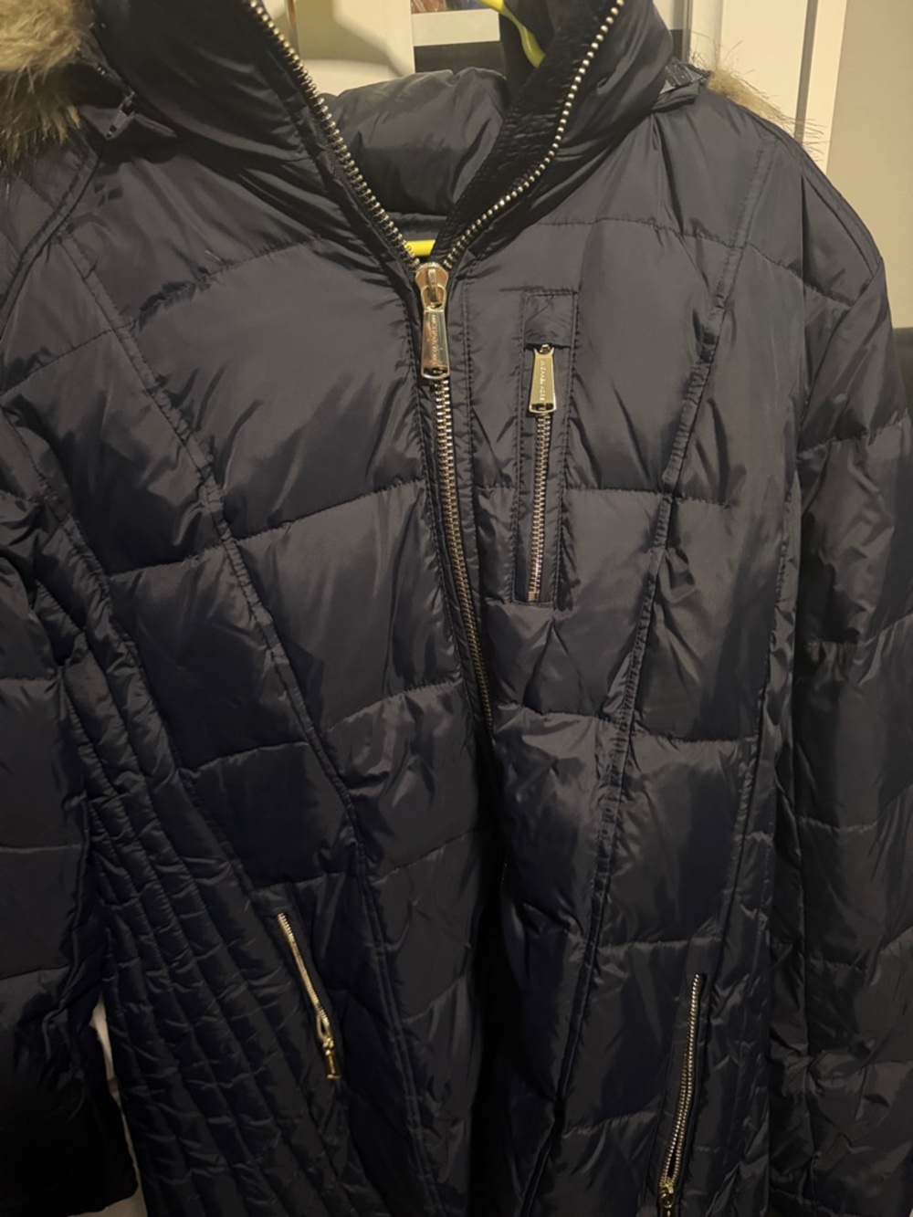 Michael Kors Navy Quilted Puffer Coat with Fur Trim